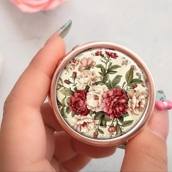 Vintage Floral Rose Gold Pill Box - Compact Travel Organizer - Picture 3 of 8